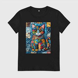 Футболка хлопковая женская Прикольный котик - пэчворк, цвет: черный