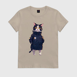 Футболка хлопковая женская Кот в длинной куртке, цвет: миндальный