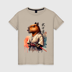 Футболка хлопковая женская Capybara samurai - ai art fantasy, цвет: миндальный