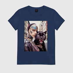 Футболка хлопковая женская Punk girl under the protection of a panther - New, цвет: тёмно-синий
