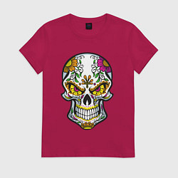 Футболка хлопковая женская Череп в цветочках, цвет: маджента