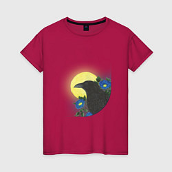 Футболка хлопковая женская Чёрный ворон на ветке под луной, цвет: маджента