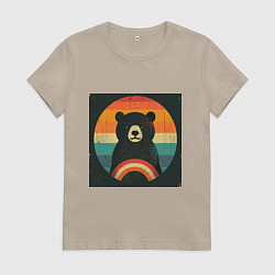 Футболка хлопковая женская Медведь хотел смотреть закат, но вышло как то наоб, цвет: миндальный