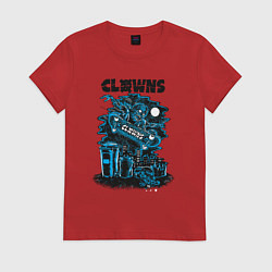 Футболка хлопковая женская Ночной скелет скейтбордист, цвет: красный