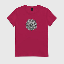 Футболка хлопковая женская Цветок мандала черно белый, цвет: маджента