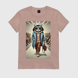 Футболка хлопковая женская Модный кот в очках на дефиле животных, цвет: пыльно-розовый