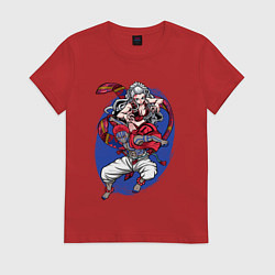 Футболка хлопковая женская Клинок рассекающий демонов Акадза Даки Высшие Луны, цвет: красный