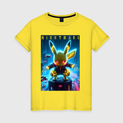 Футболка хлопковая женская Cyber Pikachu - neon glow ai art, цвет: желтый