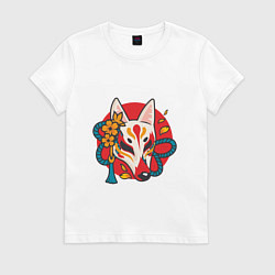 Футболка хлопковая женская Лиса самурай, цвет: белый