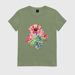 Футболка хлопковая женская Маковый букет и птицы, цвет: авокадо