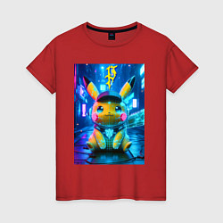 Футболка хлопковая женская Funny neon Pikachu под энергетическим барьером - a, цвет: красный