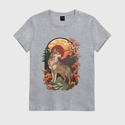Футболка хлопковая женская Волк в лесу в японском стиле, цвет: меланж