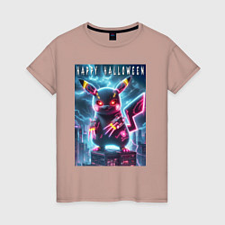 Футболка хлопковая женская Pikachu with a cyber claws - halloween, цвет: пыльно-розовый