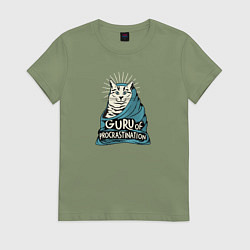 Футболка хлопковая женская Кот гуру прокрастинации, цвет: авокадо