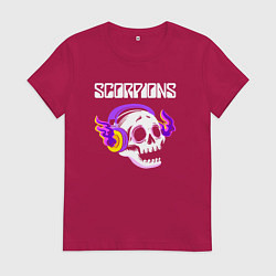 Футболка хлопковая женская Scorpions - неоновый череп, цвет: маджента