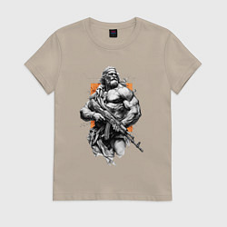 Футболка хлопковая женская Античный воин с АК-47, цвет: миндальный