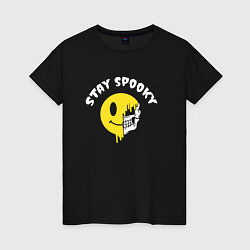 Футболка хлопковая женская Stay spooky смайл эмодзи, цвет: черный