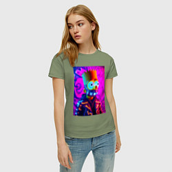 Футболка хлопковая женская Барт Симпсон в респираторе - неоновое свечение, цвет: авокадо — фото 2