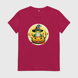Футболка хлопковая женская Лягушка ведьма на тыкве, цвет: маджента