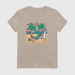 Футболка хлопковая женская Инопланетянин на пляже, цвет: миндальный