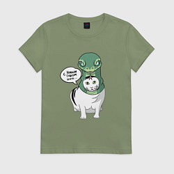 Футболка хлопковая женская С Новым годом - кот змея, цвет: авокадо