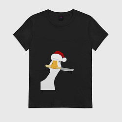 Футболка хлопковая женская Гусь Санта с ножом в клюве, цвет: черный