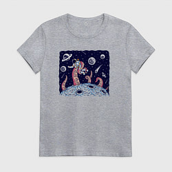 Футболка хлопковая женская Схватка с осьминогом в космосе, цвет: меланж