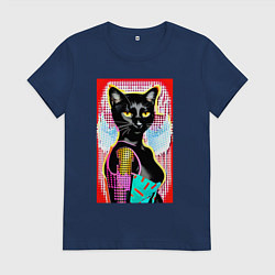 Футболка хлопковая женская Фигуристая чёрная кошечка в стиле поп-арт, цвет: тёмно-синий