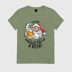 Футболка хлопковая женская Санта Клаус с кружкой пива, цвет: авокадо