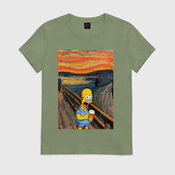 Футболка хлопковая женская Кричащий Гомер Симпсон с пивом в стиле картины Эдв, цвет: авокадо