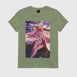 Футболка хлопковая женская Геншин Яэ Мико Гудзи, цвет: авокадо