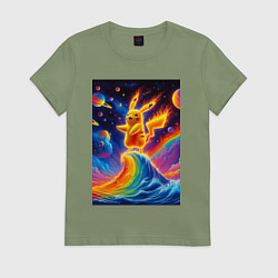 Футболка хлопковая женская Огненный Пикачу на волне - нейроарт фантазия, цвет: авокадо