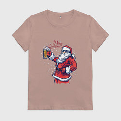 Футболка хлопковая женская Merry Christmas Santa beer, цвет: пыльно-розовый