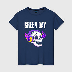 Футболка хлопковая женская Green Day - неоновый череп, цвет: тёмно-синий