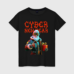 Футболка хлопковая женская Santa with gift - cyberpunk, цвет: черный