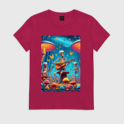 Футболка хлопковая женская Соло скелета на гитаре под грибами, цвет: маджента
