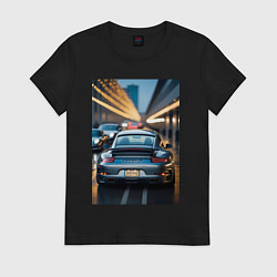Футболка хлопковая женская Porsche 911 в городе, цвет: черный