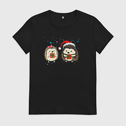 Футболка хлопковая женская Новогодние ежики с подарками, цвет: черный