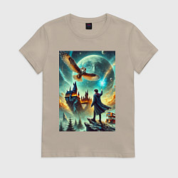 Футболка хлопковая женская Harry Potter and owl - Hogwarts, цвет: миндальный