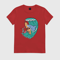 Футболка хлопковая женская Серфер и акула, цвет: красный