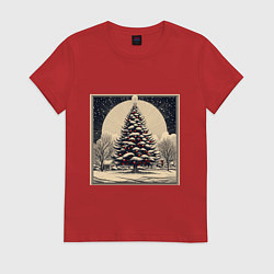 Футболка хлопковая женская Марка с наряженной елкой - нейросеть, цвет: красный