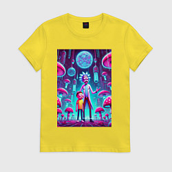 Футболка хлопковая женская Rick and Morty among neon mushrooms - ai art fanta, цвет: желтый