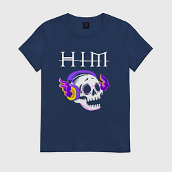 Футболка хлопковая женская HIM - неоновый череп, цвет: тёмно-синий