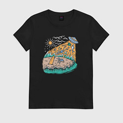 Футболка хлопковая женская НЛО на пляже, цвет: черный