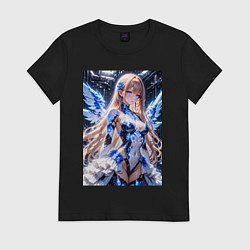 Футболка хлопковая женская Девушка с кибернетическими крыльями, цвет: черный
