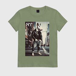 Футболка хлопковая женская Dude bull terrier is a New Yorker, цвет: авокадо