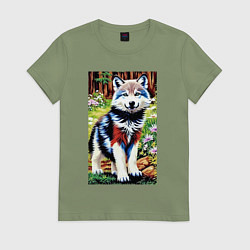 Футболка хлопковая женская Прикольный милый волчонок, цвет: авокадо