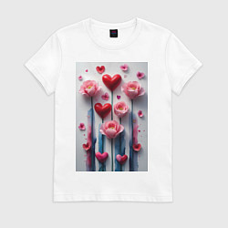 Футболка хлопковая женская Композиция цветов и сердечек, цвет: белый