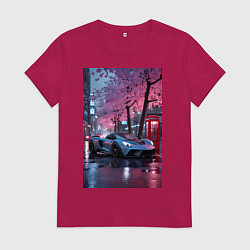 Футболка хлопковая женская Суперкар и сакура, цвет: маджента