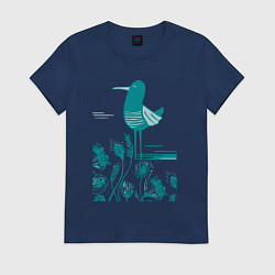 Футболка хлопковая женская Птичка и цветы в голубом, цвет: тёмно-синий